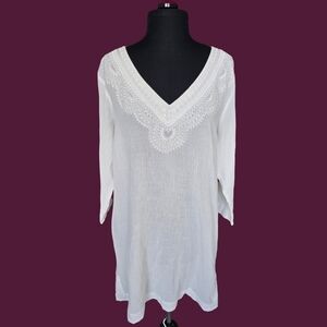 Lands' End White Lightweight V-Neck Tunic Swim Cover-up Coastal Beachy Chic